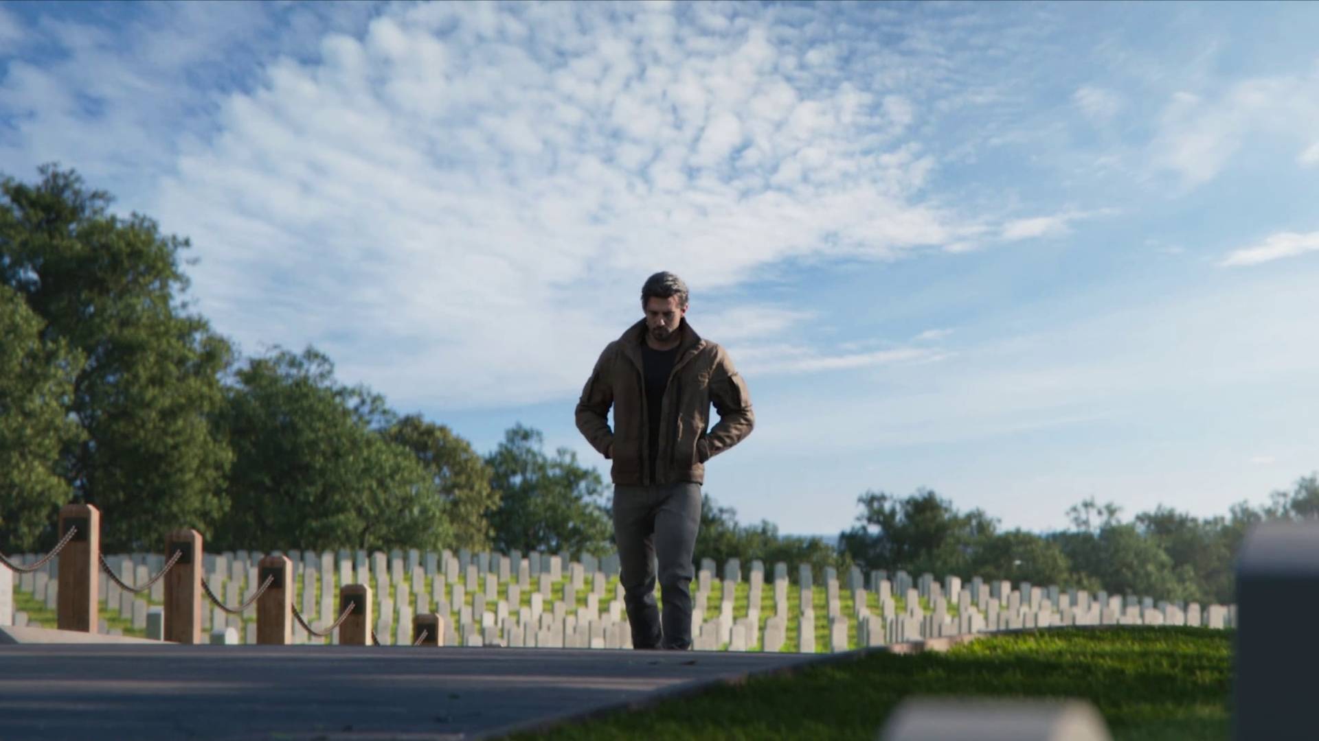 Call of Duty Black Ops 7 cutscene David Mason walking in arlington cemetary