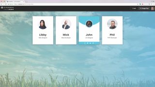 A team page showing team member photos, names and job titles with rollover animation that shrinks the size of the profile image, brings down a coloured circle from the top and brings up social media icons from the bottom.
