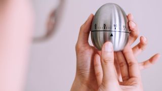 person holding a stainless steel egg timer