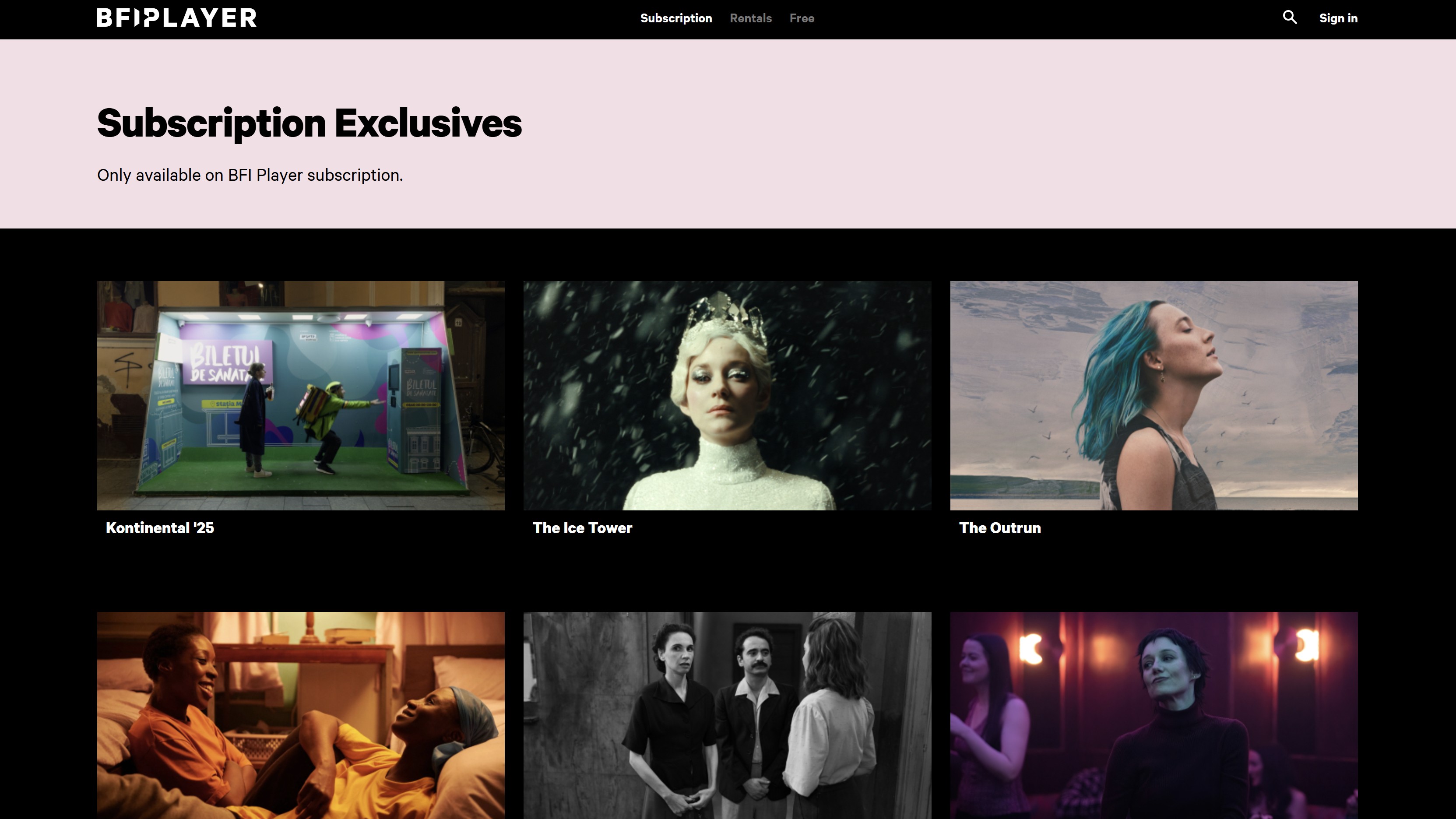 BFI Player website home screen