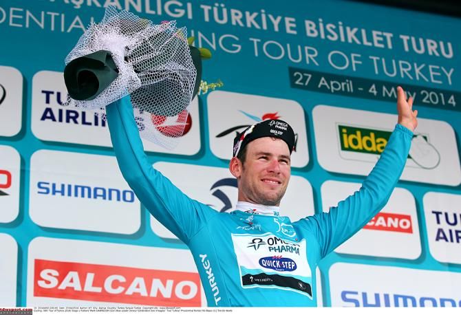 Mark Cavendish (Omega Pharma-Quickstep) in the first leader's jersey of the 2014 Tour of Turkey