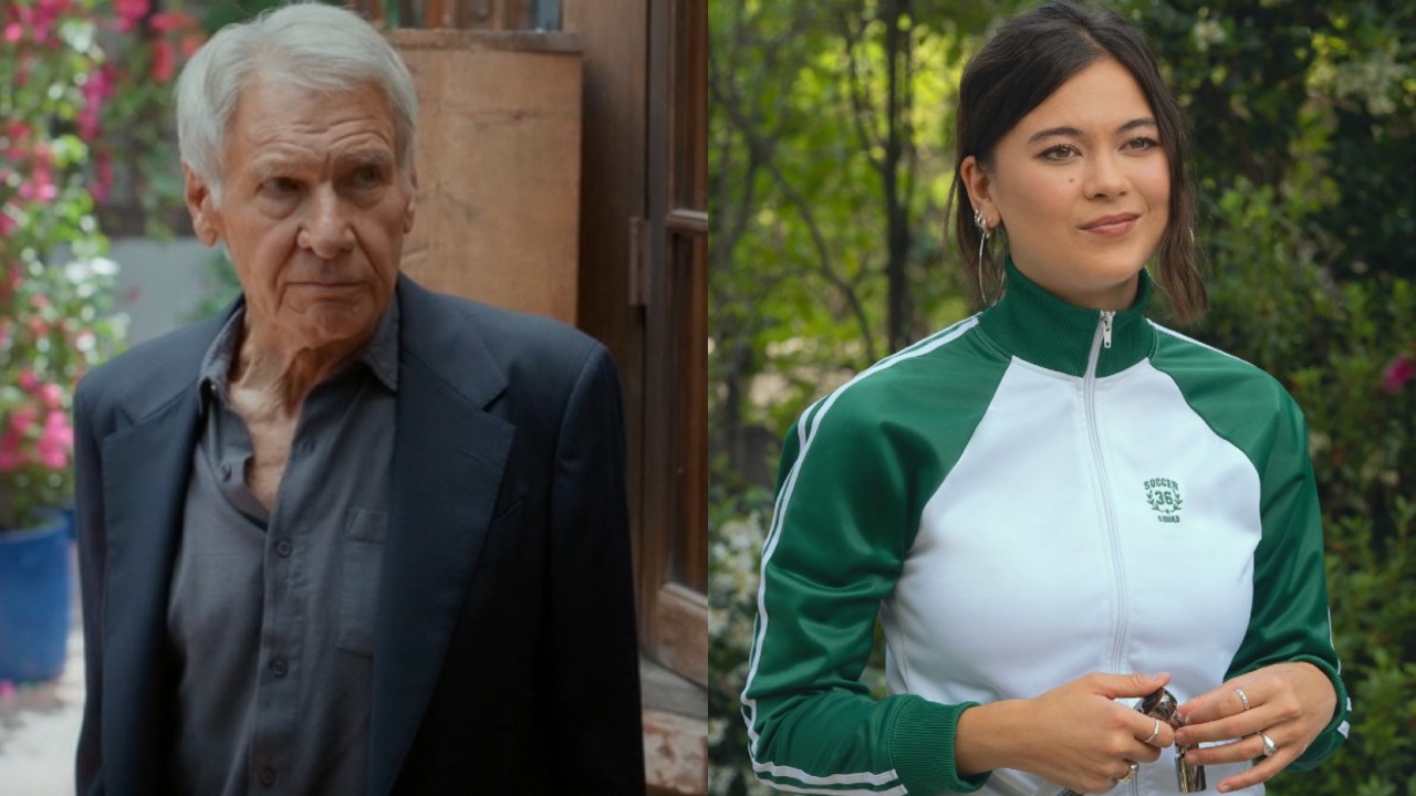 From left to right: Harrison Ford as Paul looking to his right and Lukita Maxwell looking forward while holding car keys. They're both in Shrinking.