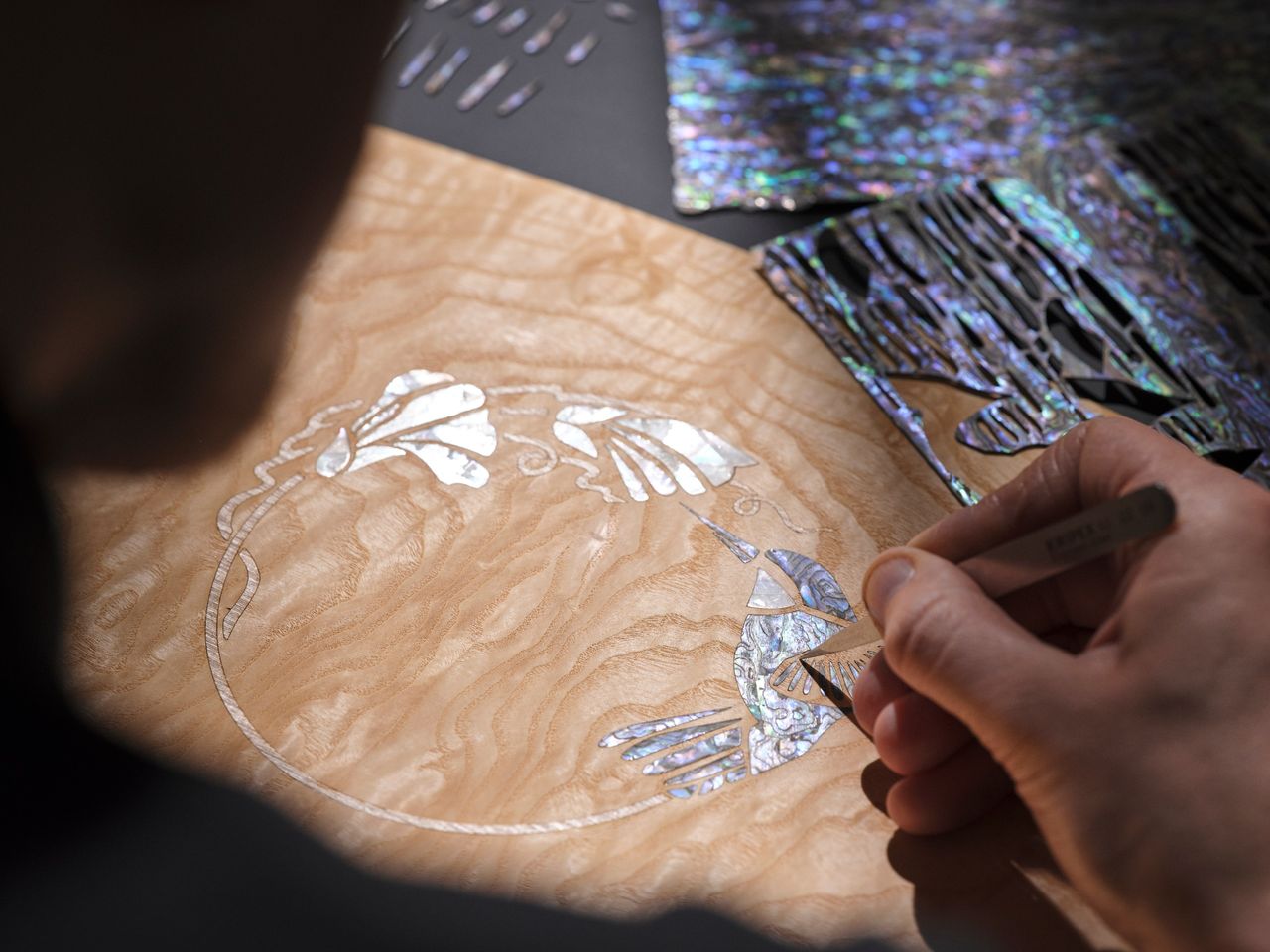 The process of creating the abalone marquetry
