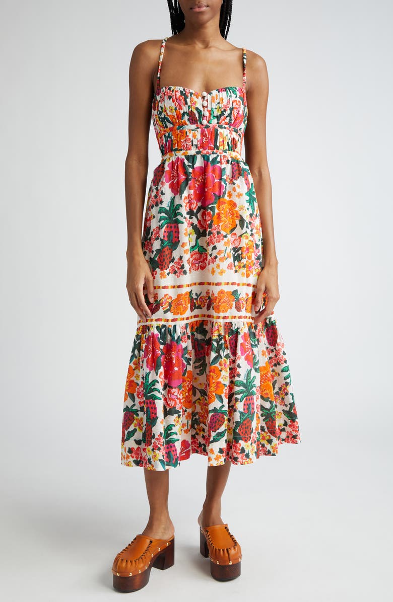 Floral Sketch Tiered Cotton Midi Dress
