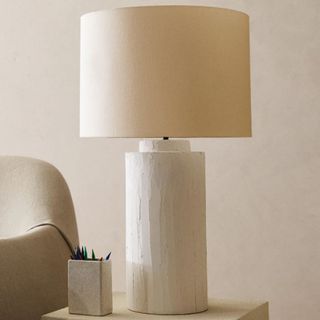 Japandi style Stucco lamp on living room side table