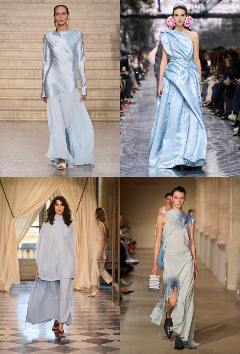 An image of the icy blue colour trend on the spring/summer 2026 runways at Tove, Victoria Beckham and Christian Dior.