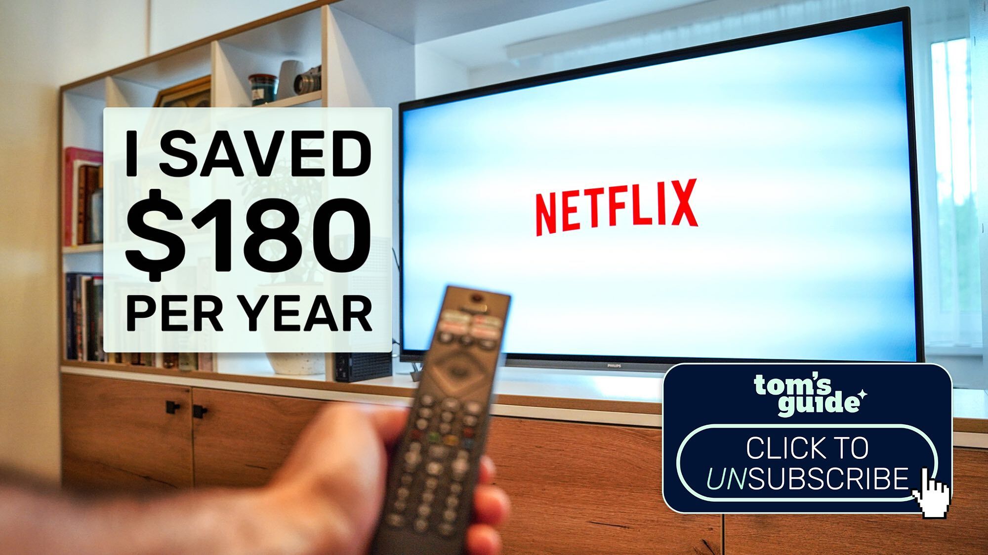 Netflix on a TV set with hand holding remote control and Tom's Guide Savings Squad graphic