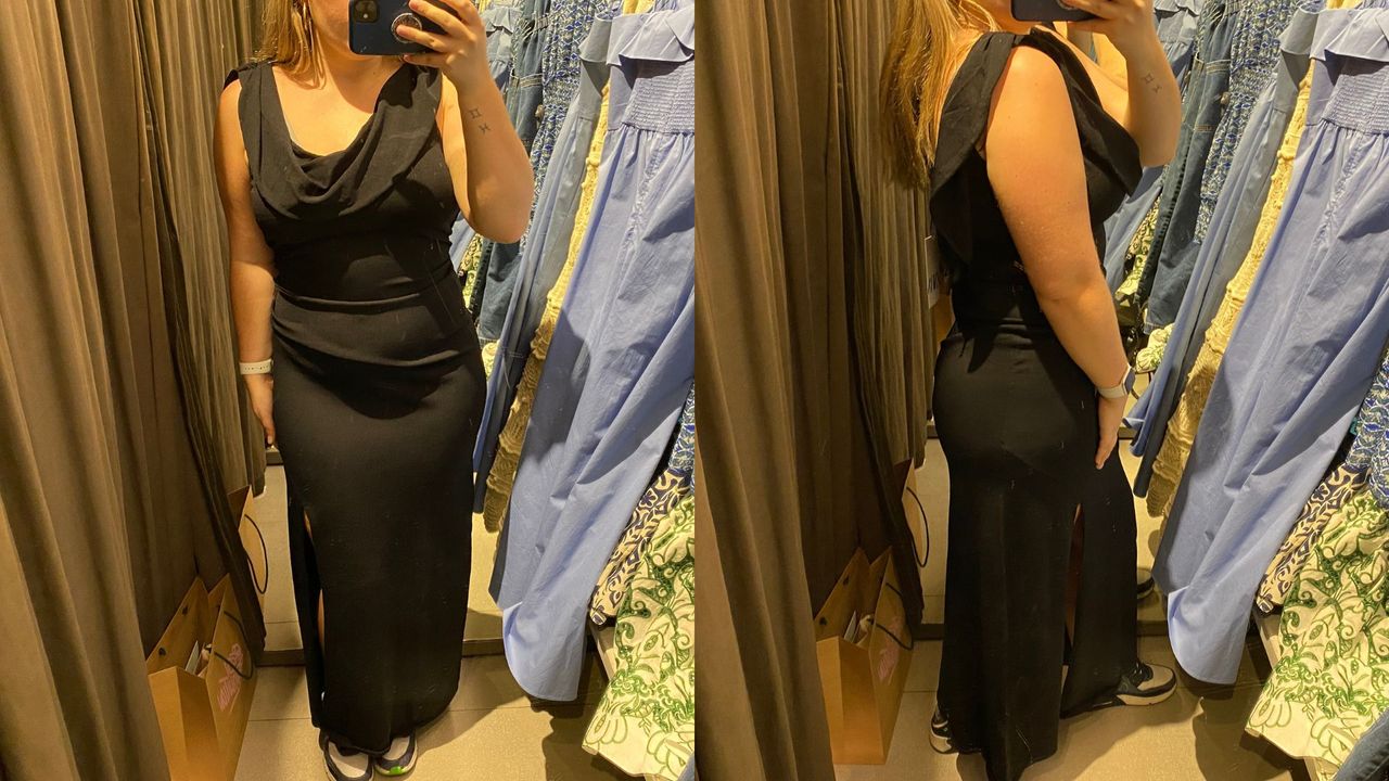 composite of our fashion writer wearing a black zara cowl neck dress