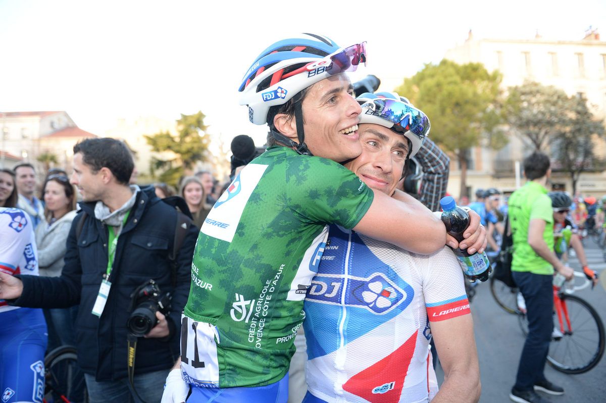 Arthur Vichot hugs FDJ teammate Matthieu Ladagnous in celebration