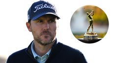 Russell Henley stares into the distance, with a close-up of The Players Championship next to him