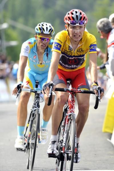 Janez Brajkovic (Radioshack) is shadowed by Alberto Contador (Astana)