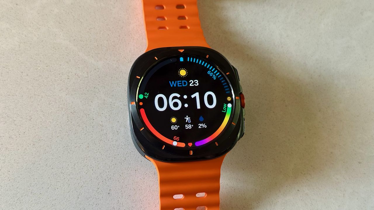 The Samsung Galaxy Watch Ultra sitting on a white counter, showing the Digital Dashboard watch face.