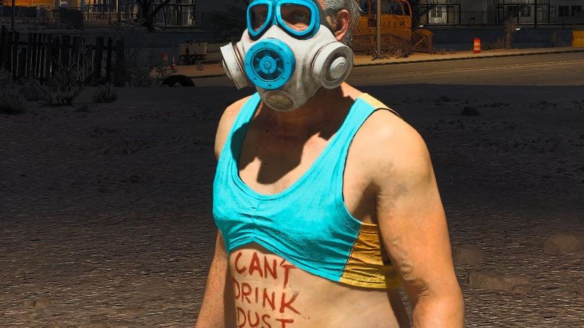 An old man in a gas mask with CAN&#039;T DRINK DUST written on his exposed stomach