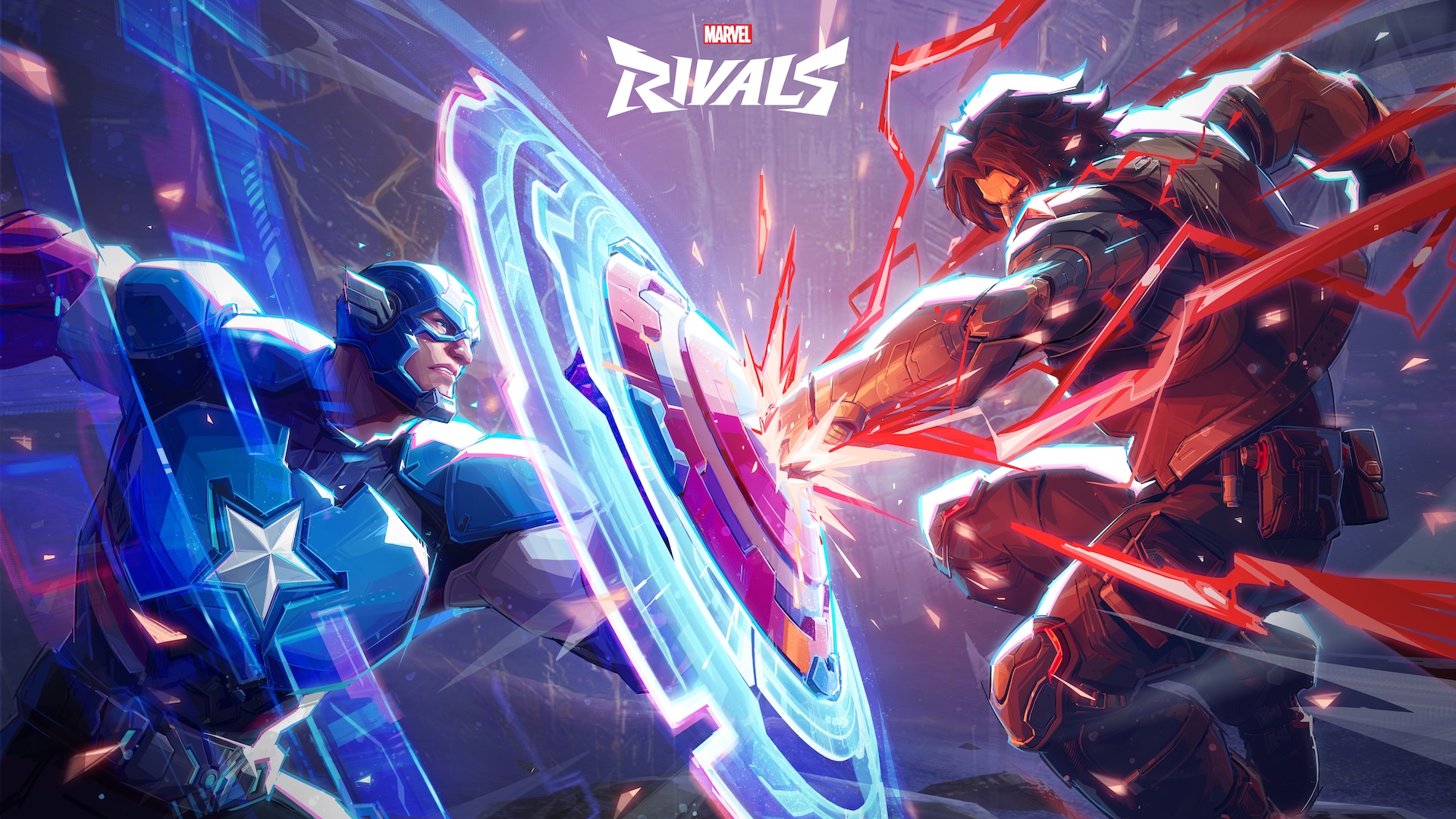 Captain America blocks a punch from Winter Soldier, sending blue and red sparks across both characters