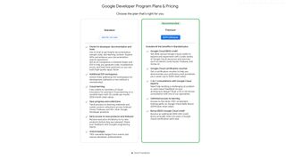 The plans and pricing page for the Google Developer Program.