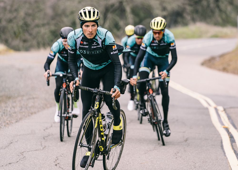 Bernat Font Mas in front on a climb at the 303 Project camp