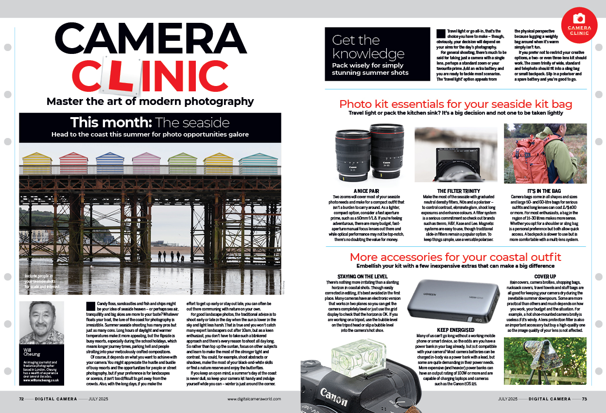 Image showing the first two pages of the Camera Clinic article in issue 296 (July 2025) of Digital Camera magazine, an 8-page masterclass about taking photographs at the seaside