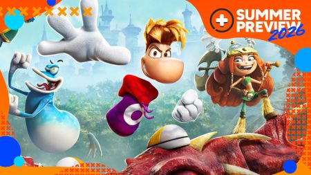 Rayman Legends Retold key art showing Rayman posing with his shoe on a defeated dragon, flanked by the blue creature Globox and Barbara, with the orange GamesRadar+ Summer Preview 2026 frame