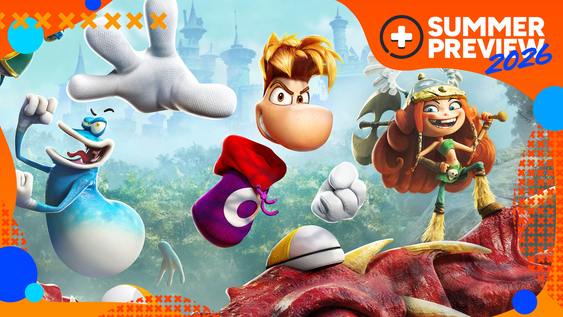 Rayman Legends Retold key art showing Rayman posing with his shoe on a defeated dragon, flanked by the blue creature Globox and Barbara, with the orange GamesRadar+ Summer Preview 2026 frame