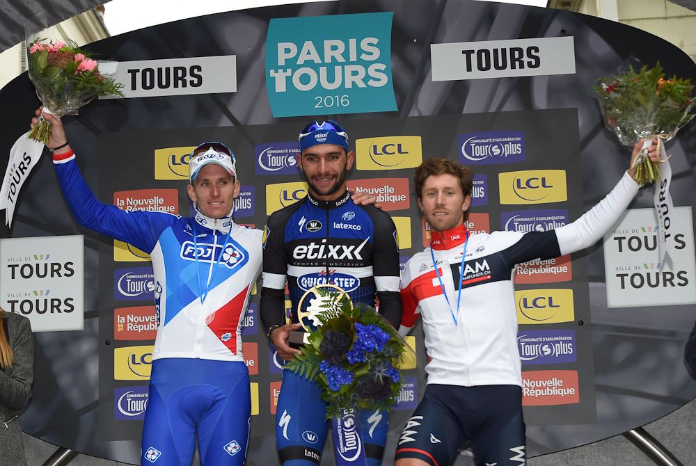 Demare, Gaviria and Vangenechten on the Paris-Tours podium
