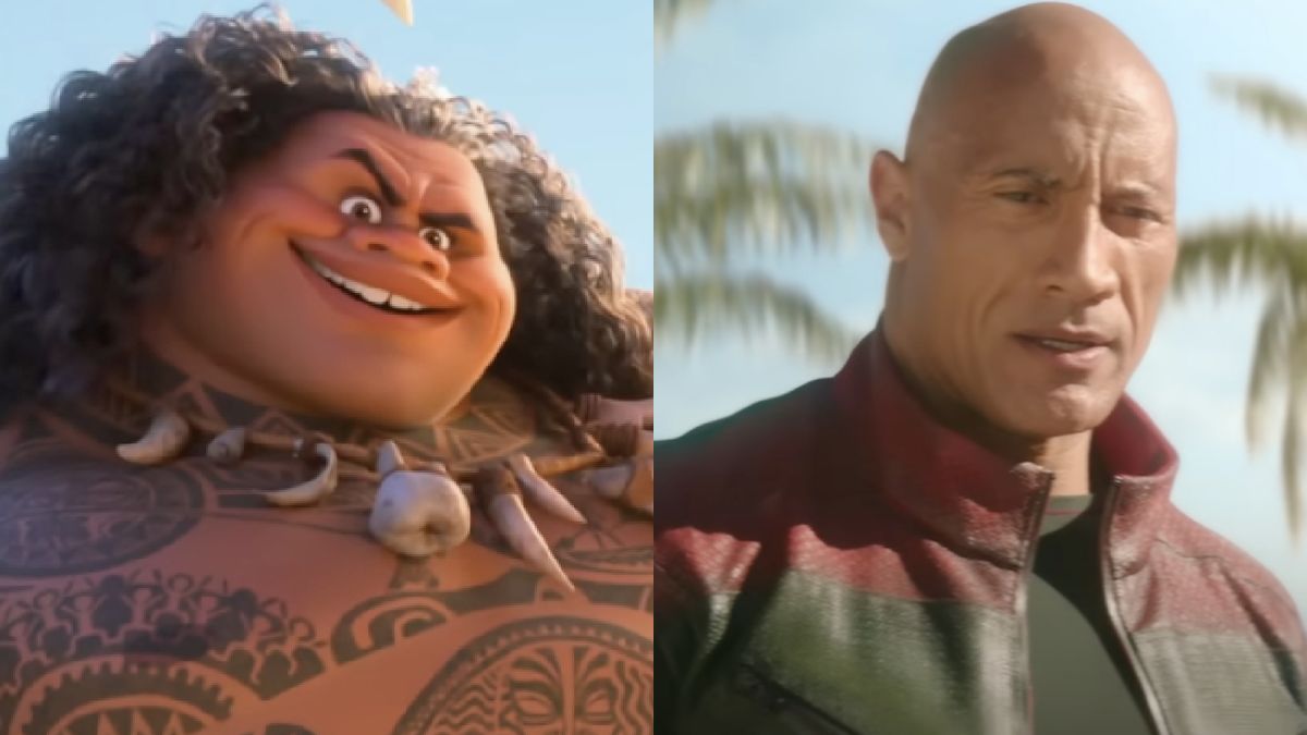 Maui from Moana 2 and Dwayne Johnson side-by-side photo.