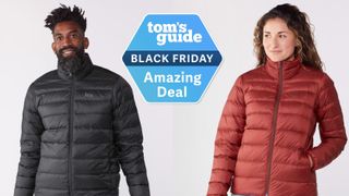 Two people wearing REI down puffer jackets with a Tom's Guide Black Friday deals badge overlayed on top