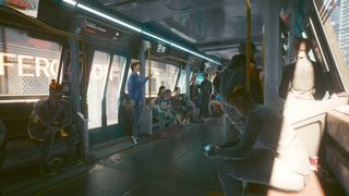 Cyberpunk 2077 2.1 update Night City Area Rapid Transit sitting in train with other passengers
