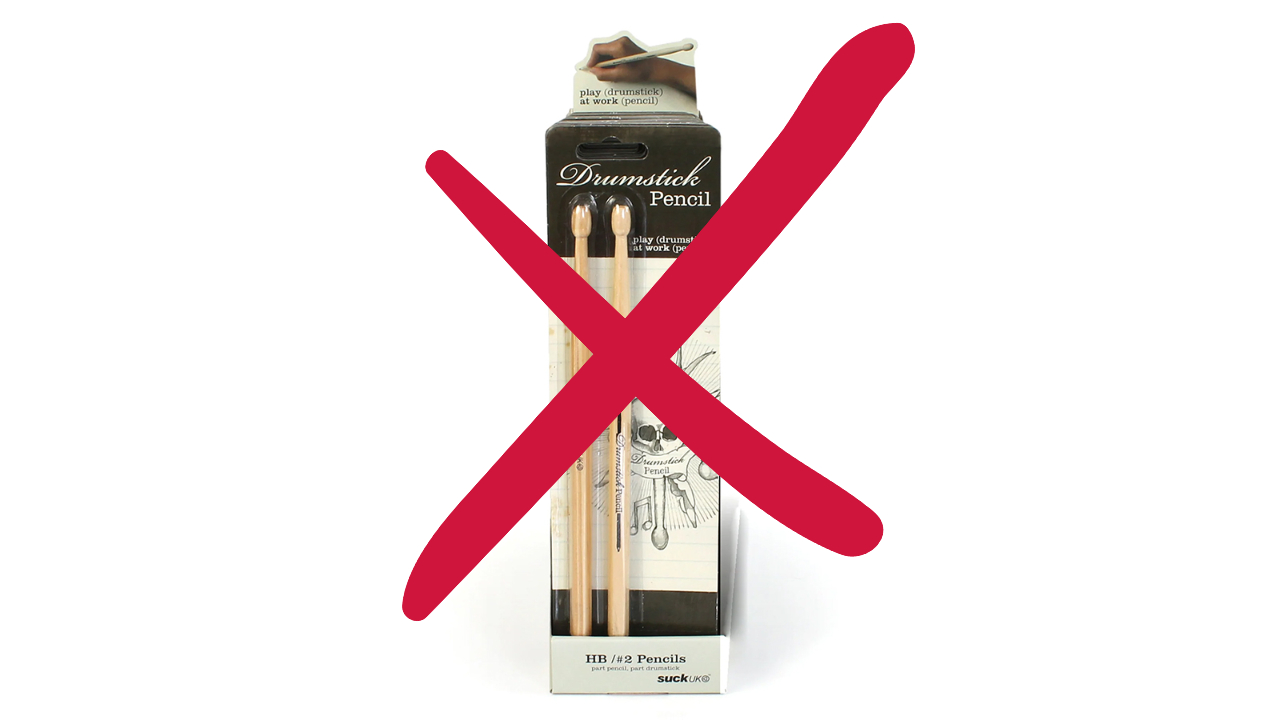 Pair of drumstick pencils with a red cross over them