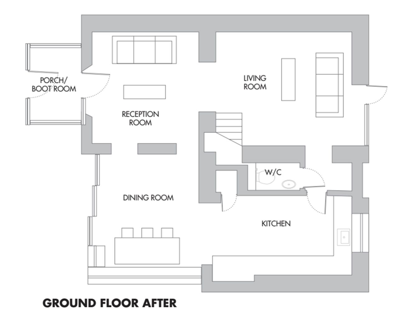 A floor plan drawn out to represent the ground floor after an extension