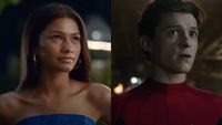 From left to right: Zendaya in Challengers looking to her right, and Tom Holland looking frazzled in Spider-Man: No Way Home.