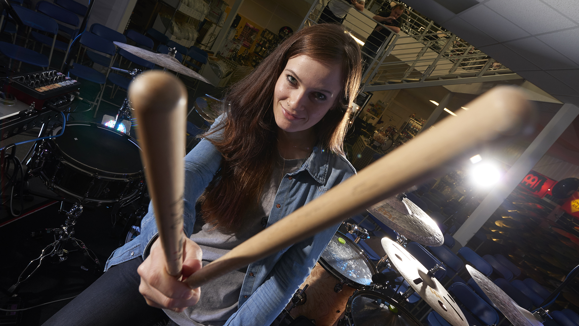 Portrait of German rock musician Anika Nilles photographed at Graham Russell Drums in Fareham on May 8, 2015