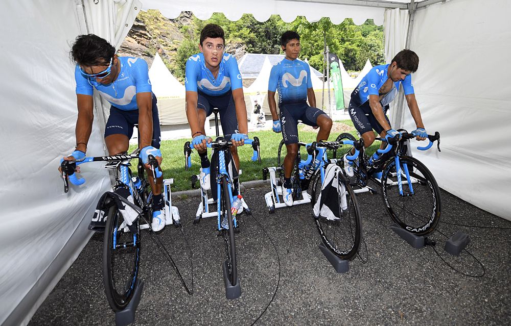 Stage 17 at the Tour de France - Movistar warm up ahead of a short 65km mountain stage