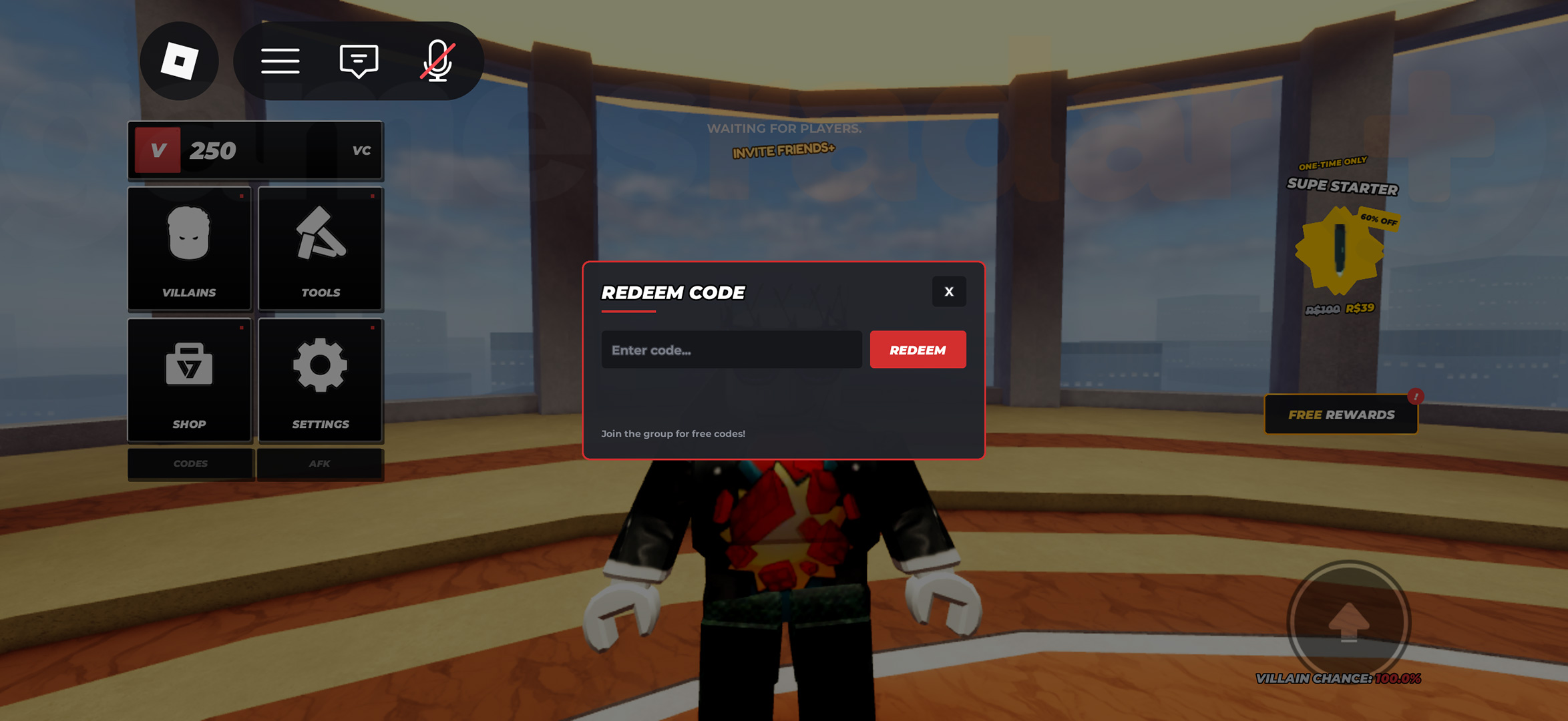 The menu used to redeem Hide from the Villain codes