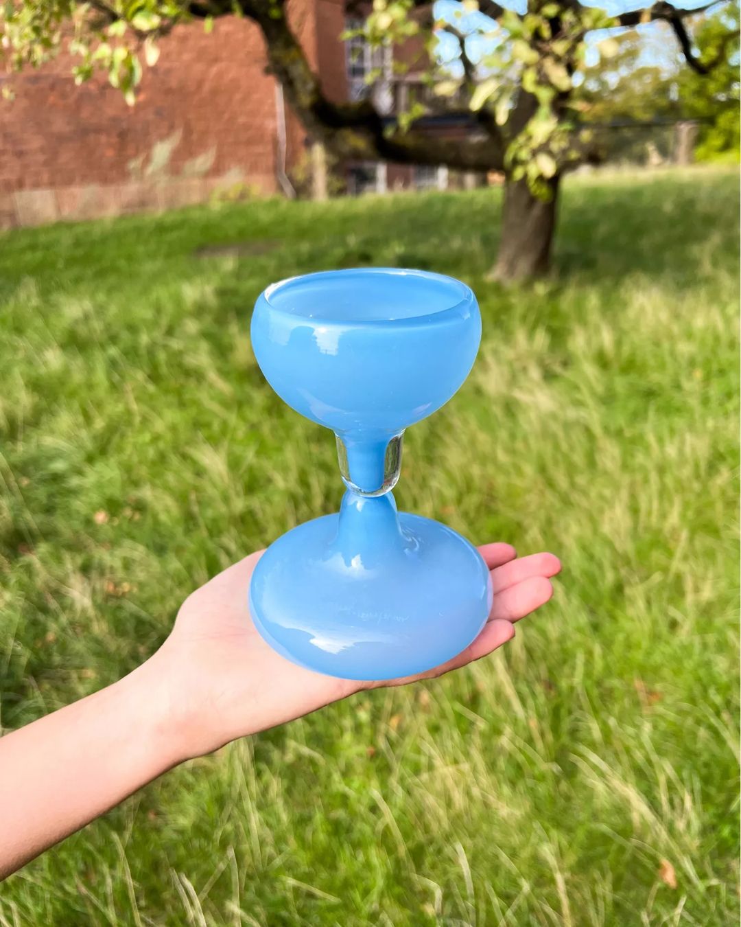 Chunky Wine Glass in Cobalt Blue, held against grass in a park.