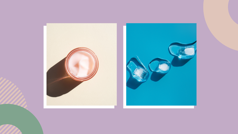 pot of lip balm and ice on purple background