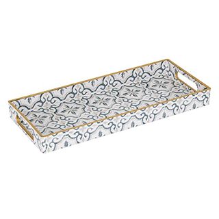 White decorative narrow and long plastic tray with blue Moroccan design