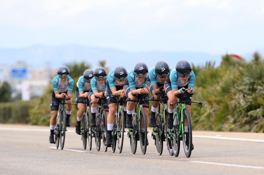 VALENCIA SPAIN APRIL 28 Andrea Alzate of Colombia Valentina Basilico of Italy Daniela Campos of Portugal Ariana Gilabert of Spain Adele Normand of Canada Claudia San Justo of Spain Carolina Vargas of Colombia and Eneicat CMTeam sprint during the 10th La Vuelta Femenina 2024 Stage 1 a 16km team time trial from Valencia to Valencia UCIWWT on April 28 2024 in Valencia Spain Photo by Alex BroadwayGetty Images
