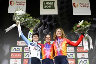 Elisa Longo Borghini, Demi Vollering and Marlen Reusser on the podium in 2023