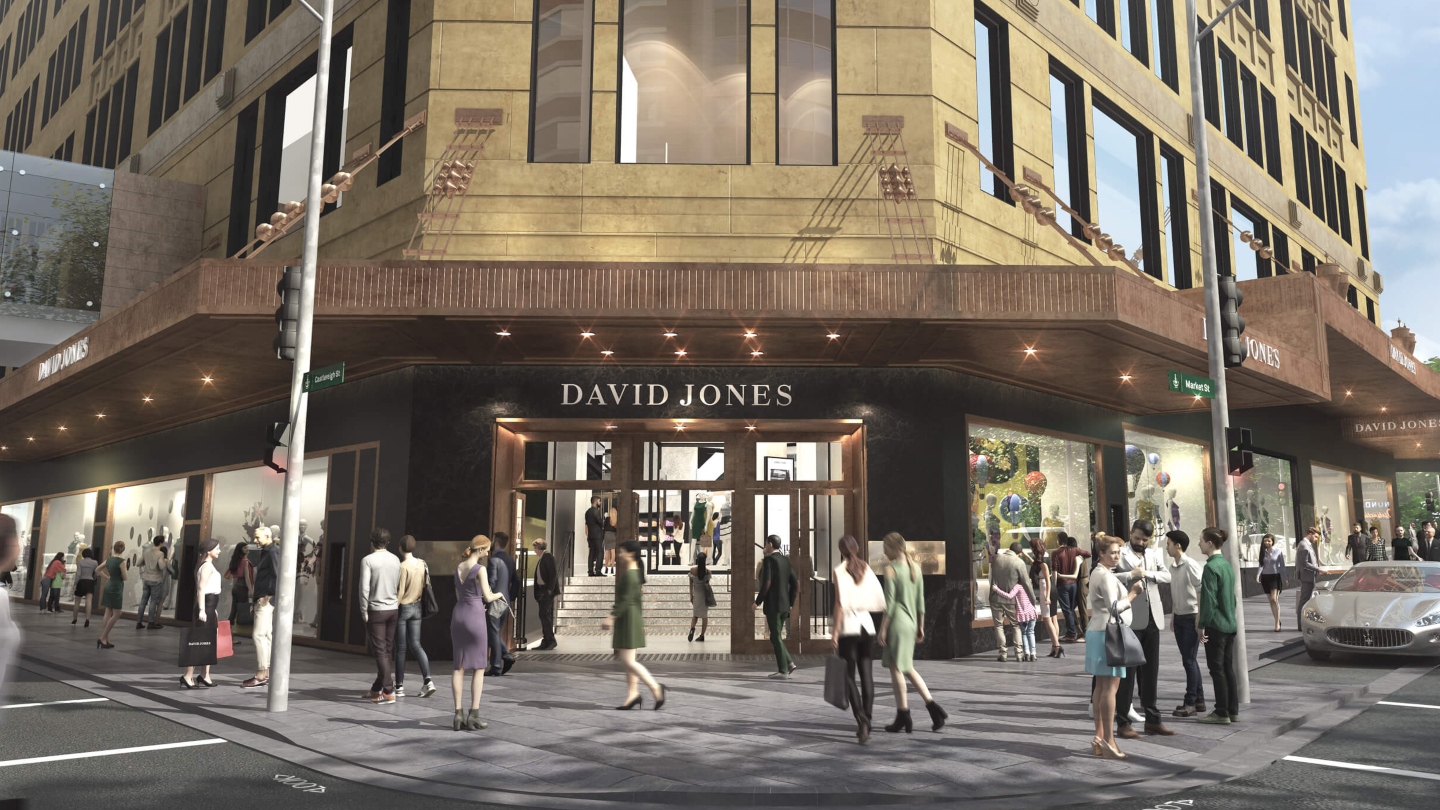 Picture of the front of the flagship David Jones store in Sydney with people walking around in front