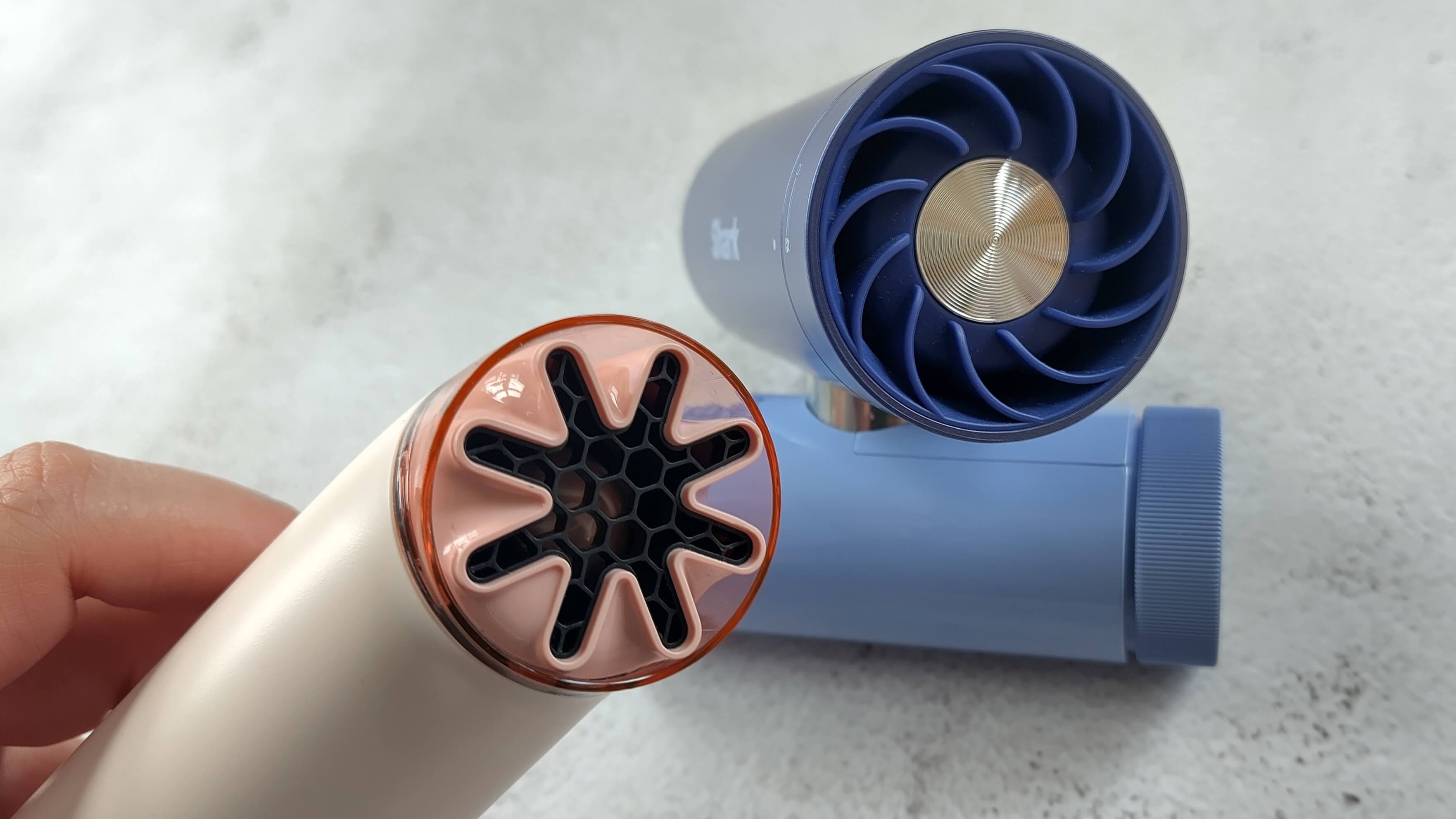 Close-up of nozzles on Dyson HushJet Mini Cool Fan and Shark ChillPill fans