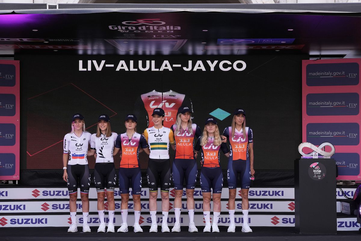 Liv AlUla Jayco on stage at the 2024 Giro d'Italia Women at the teams presentation at the Piazza della Loggia in Brescia
