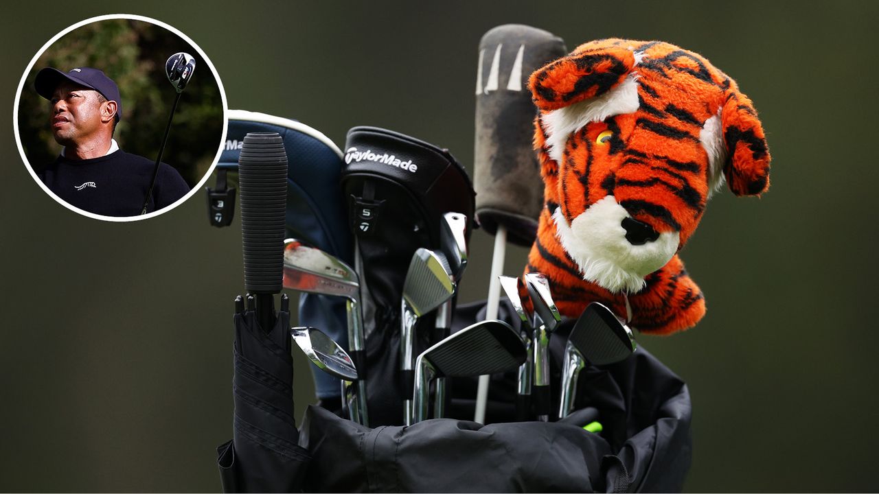 Tiger Woods&#039; golf bag and Woods hitting a golf shot