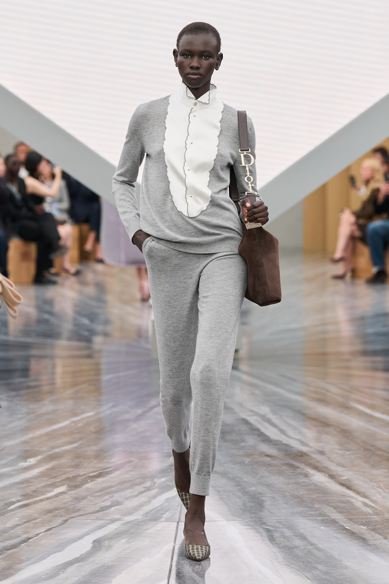 a model carries the dior diorly bag on the runway.