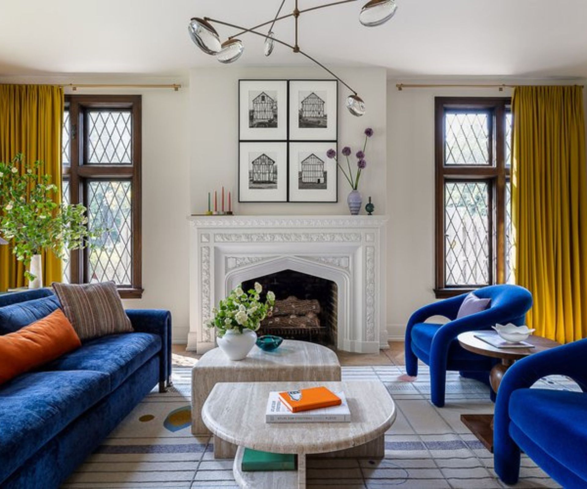 Beige living room with boldly colored sofas