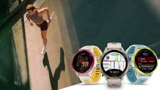 Garmin watches in foreground, female runner in background