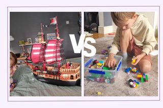 A collage of a child playing with LEGO and Playmobil