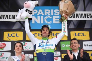 Stage 2 winner Michael Matthews on the podium at Paris-Nice.