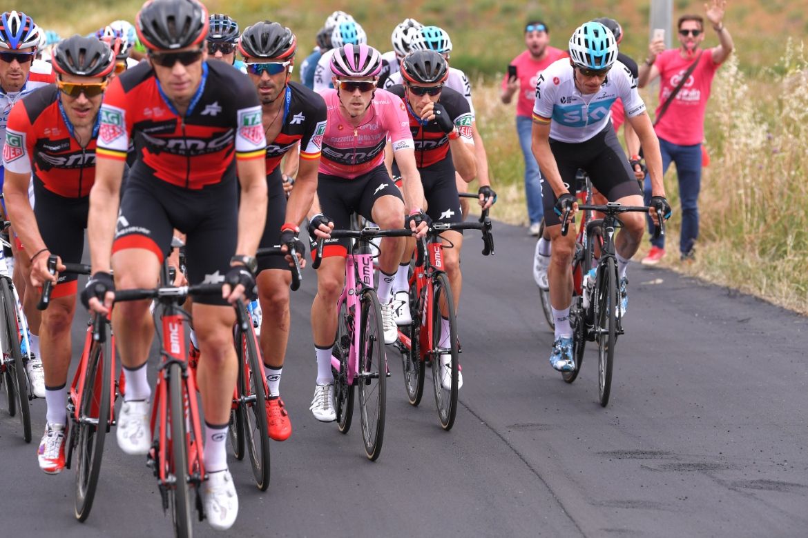 Race leader Rohan Dennis in the pink jersey behind his BMC teammates