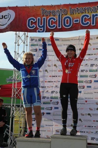 The junior women's podium (l-r): Emily Fisher (Cycle Solutions/Angry Johnny's) 2nd, Kaitlin Antonneau (Planet Bike) 1st