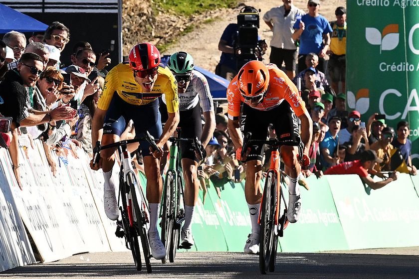 LOULE, PORTUGAL - FEBRUARY 22: (L-R) Juan Ayuso of Spain and Team Lidl - Trek - Yellow leader jersey, Paul Seixas of France and Team Decathlon CMA CGM - White best young jersey and Oscar Onley of Great Britain and Team INEOS Grenadiers sprint at finish line during the 52nd Volta ao Algarve em Bicicleta 2026, Stage 5 a 148.4km stage from Faro to Malhao - Loule 512m on February 22, 2026 in Loule, Portugal. (Photo by Dario Belingheri/Getty Images)